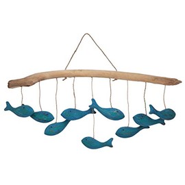 GURU SHOP Mobile made of wood, handmade in Indonesia - school of fish, blue, 50 x 70 x 4 cm, wind chimes and wind chimes