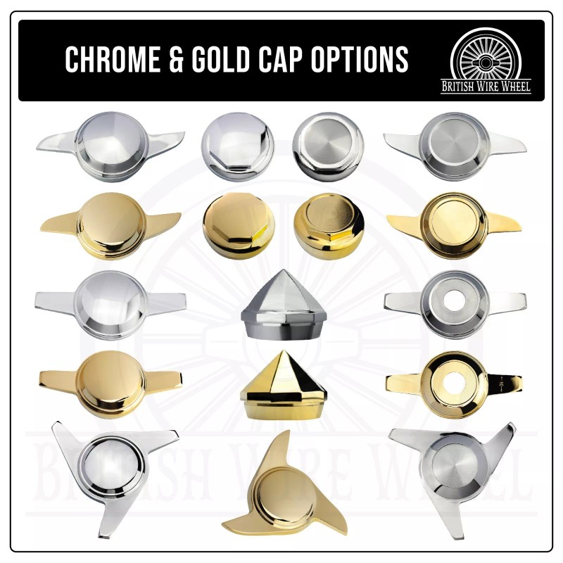 British Wire Wheel 10-sided Bullet/Diamond Gold Knock Off Spinner Cap