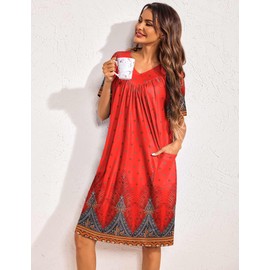 Ekouaer Womens House Dress Floral Print Moo Moos Nightgowns Moomoo Dresses Mumus with Pockets Red Feather XL