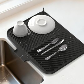 Escurreplatos de Silicona para Encimera – Escurreplatos Antideslizante Inclinada con Drenaje Rápido, Almohadilla Resistente al Calor con Acabado de Piedra, Fácil de Limpiar (Negro)