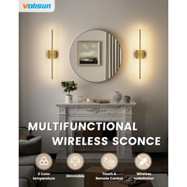 VOLISUN Battery Operated Wall Sconce Set of Two, Gold Rechargeable Wall Lights with Remote Control, 3000K-6500K Dimmable Wall Lamp, 27.6 Inch LED Wireless Wall Lights for Bedroom, Living Room,Hallway