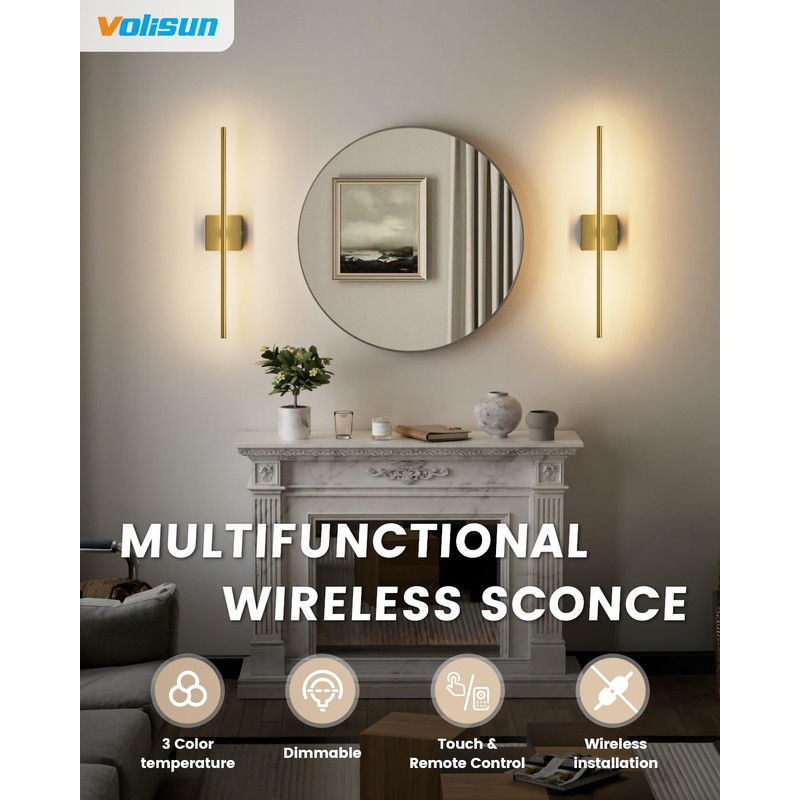 VOLISUN Battery Operated Wall Sconce Set of Two, Gold Rechargeable