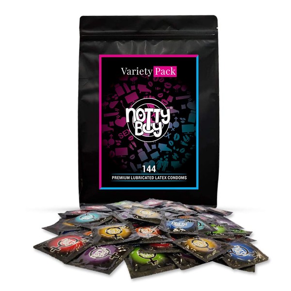 NottyBoy Bulk Condoms 144 Count Variety Pack - Ribbed and Dotted, Over Time, Extra Lube, 4 in One, Ultra Fine, 1500 Dots, Super Slim, 3 in 1 and Flavours