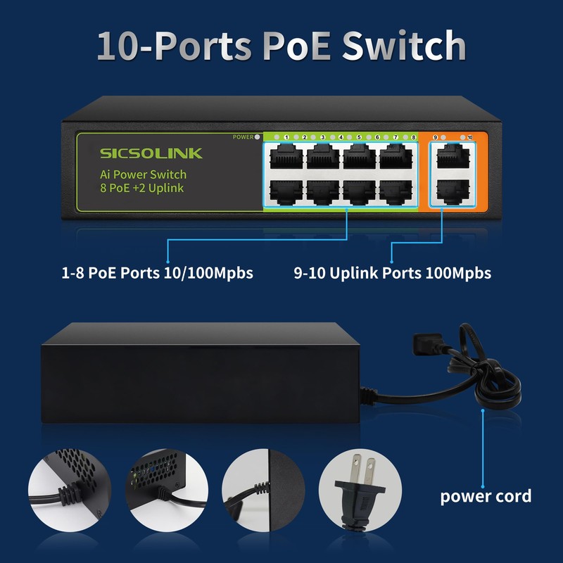 SICSOLINK 8 Ports PoE+ Ethernet Switch 2 Uplink 802.3af/at 120W