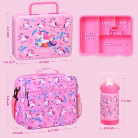 rockpapa 5 Compartment Bento Lunch Box for Kids with Uensils & Insulated Water Bottle & Lunch Bag with Strap, BPA-Free Lunch box Containers Set for School Boys Girls Ages 3+ (Pink Unicorn)