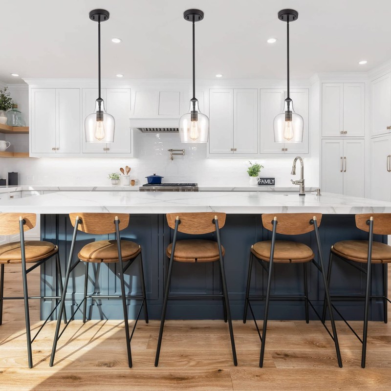 JEENKAE Modern Farmhouse Pendant Lighting for Kitchen Island Glass Black