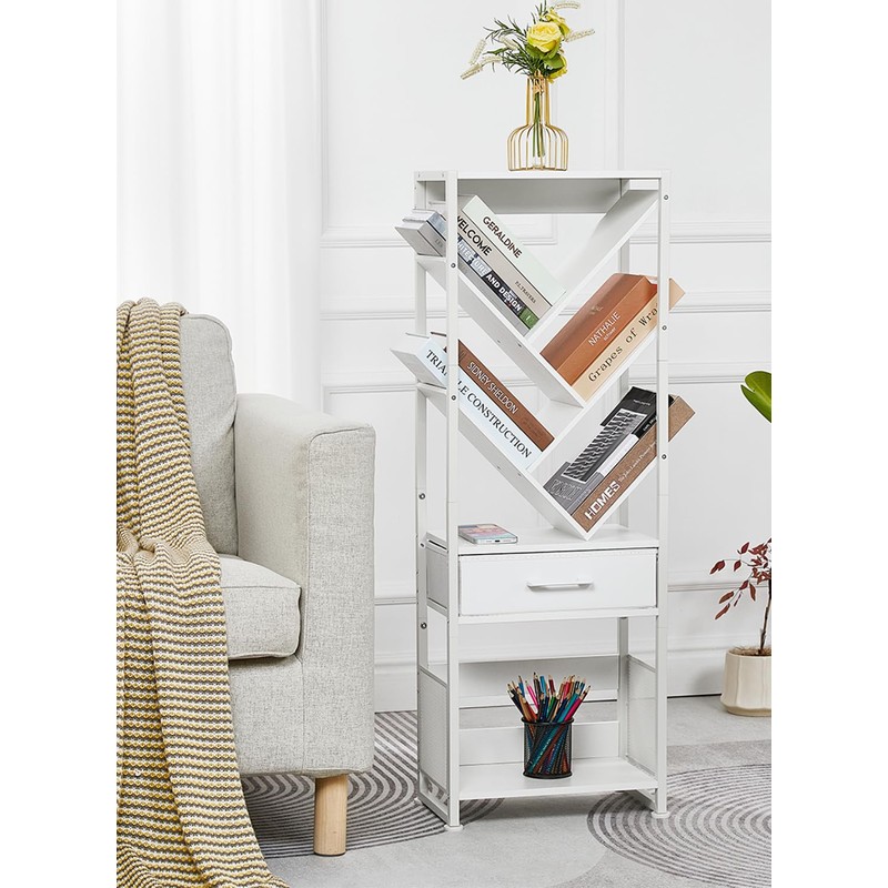 ZEXVIDA Bookshelf with Drawer,8 Tier Tree Bookcase Retro Floor Standing