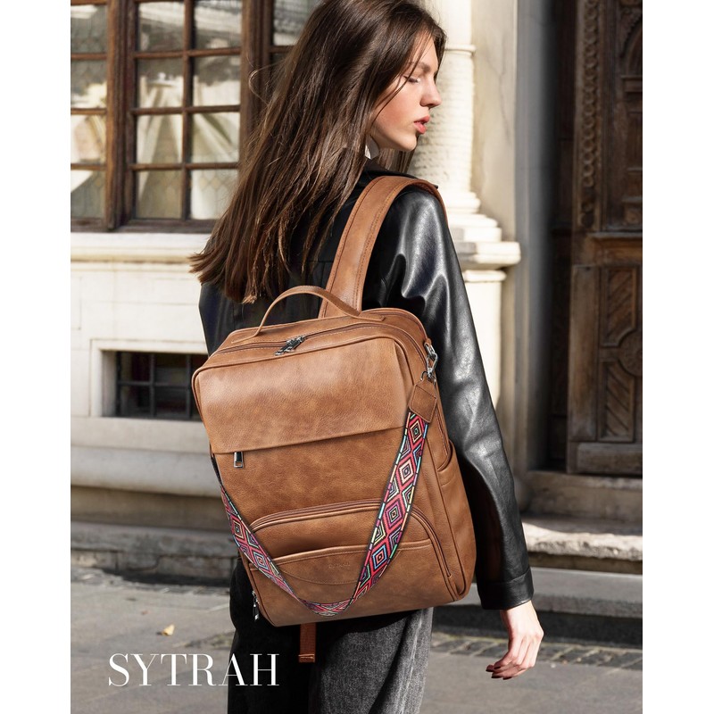 SYTRAH Leather Laptop Backpack, 15.6 Inch Business Computer Bag, Designer