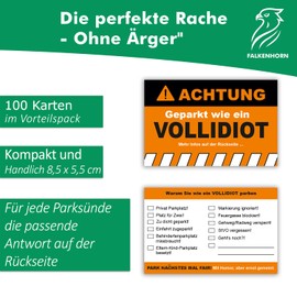 Falkenhorn 100x Achtung! Funny Tickets for False Parkers - Ich Parke wie EIN Vollidiot - Funny Parking Tickets & Joke Items for Drivers - Weatherproof & High Quality Joke Items, Gag Gift
