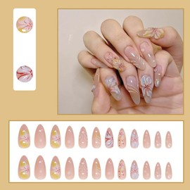 24 Pcs Spring Press on Nails Short Almond,YIHONGYAN 3D Flower with Water Drop Design Fake Nails Press ons Pink Nail Tip Acrylic Kit Glue on Nails Full Cover False Nails Glossy Stick on Nails for Woman