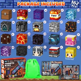 Pack of 162 Magnetic Building Blocks, Building Mine Magnetic World Set, Magnetic Building Blocks, DIY Magnetic Toy for Children, Magnetic Building Blocks, Magnetic Toy for Gift from 3 Years, Boys and