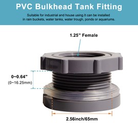 Ququyi 1.25 Inch PVC Bulkhead Water Tank Connector Adapter Fitting with Plugs Thru-Bulk Pipe Fitting for Rain Barrels, Aquariums, Ponds(Set of 2)