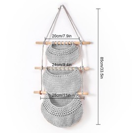 3 Tier Hanging Storage Baskets, Wall Mount Hanging Storage Organiser Bag, Bohemia Hanging Fruit Basket, Over the Door Basket, Storage Solution for Kitchen Bedroom, Bathroom, Living Room (Gray)