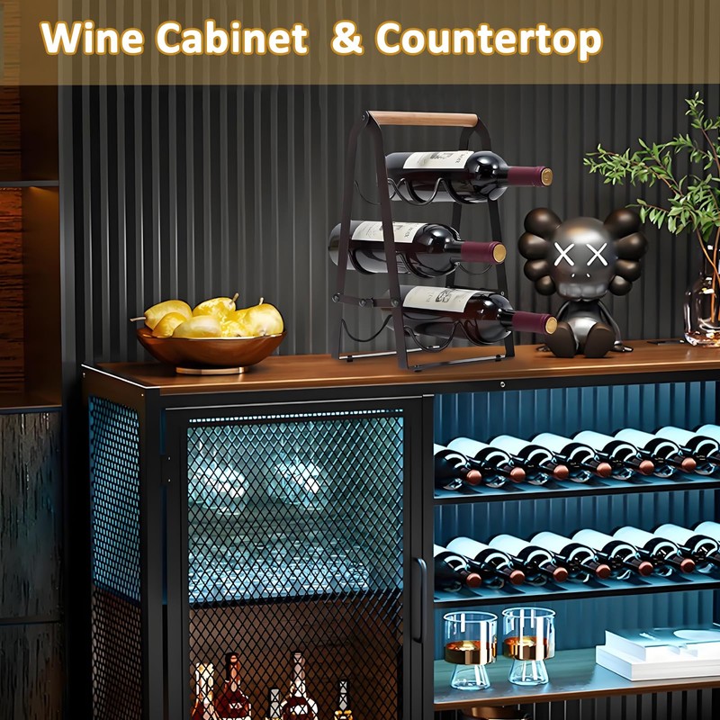 VANEME 6‑Bottle Foldable Stackable Metal Wine Rack with Wooden Handle,