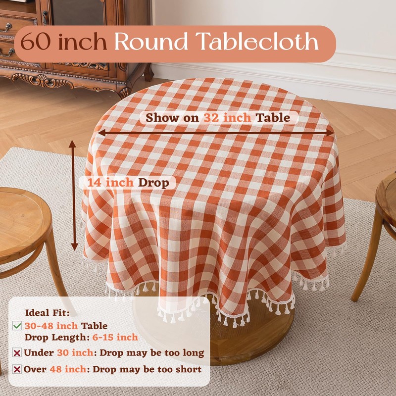 Round Fall Gingham Tablecloth 60 inch, Orange Cotton Linen Style