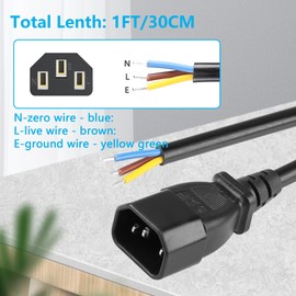 CERRXIAN 2PCS 1FT IEC 320 C14 Male 3 Pin with Open Wiring Stripped, Heavy Duty Replacement C14 to Bare Wire Power Supply Cable,Pigtail Open Cable