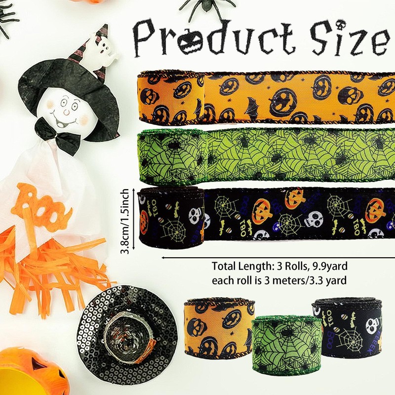 3 Rolls Halloween Ribbons Bat Spider Web Printed Ribbon Wired