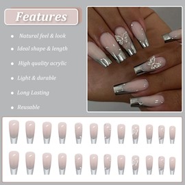 AKOFIC Pack of 24 Stick-On Nails, Medium Length, Coffin Press on Nails French, Pink Grey Glossy Ballerina False Nails with Butterfly Diamond Design, Fake Nails for Women Girls