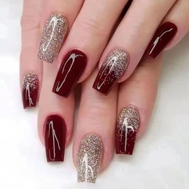 Burgundy Coffin Press on Nails Medium Glue on Nails Golden Glitter Fake Nails with Full Cover Designs Glossy Simple Acrylic Nails Wedding Flash Stick on Nails for Women 24 Pcs