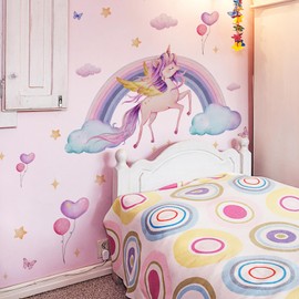 Rainbow Unicorn Wall Stickers Kids Cute Colorful Decals Little Princess Removable for Girls Nursery Bedroom Living Room Cloud Butterfly Art Home Decor
