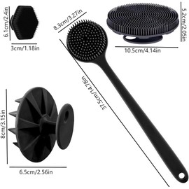 Juego de 7 cepillos de baño, compuesto por un cepillo de baño de mango largo, un cepillo de silicona para masaje capilar, un cepillo corporal, un cepillo facial hexagonal, con gancho y correa de silicona.