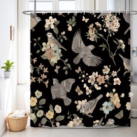 Renaiss 72 x 84 Inch Farmhous Floral Birds Shower Curtain for Bathroom Vintage Floral Branch Flower Bathroom Art Decor Shower Curtain Spring Cherry Blossom Bath Shower Curtains Set Waterproof 12 Hooks