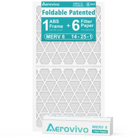 AErovivo 14x25x1 Air Filter MERV 8, 6 Pack Refills with 1 Foldable Frame, Reusable AC HVAC Furnace Filter (Actual Size: 13.75x24.75x0.75 in)