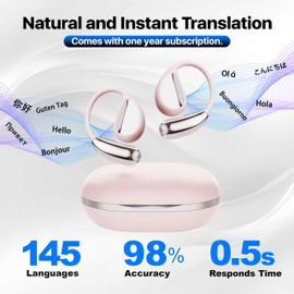 AI Language Translator Earbuds, OWS Real-Time 3-in-1 Translation Earbuds 144 Languages & Accents, Translation Device for Travel Business Learning（Pink）