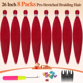 BARSDAR Pre-stretched Braiding Hair Extensions - 26 Inch 8 Packs Long Red Braiding Hair For Twist Box Braids Yaki Texture Hot Water Setting Synthetic Crochet Braiding Hair Extensions -Red