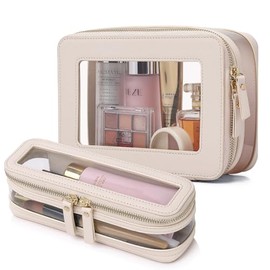 Pinkmik - Bolsa de maquillaje transparente con bolsa de cepillo para polvo, bolsa de cosméticos portátil, bolsa de aseo de viaje, esencial para el coc