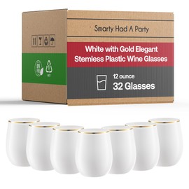 Smarty Had A Party Elegant Plastic Wine Glasses Disposable, Clear Disposable Cups, Durable Disposable Cocktail Cups, Party Cups (32 Glasses (12 oz Wine Glasses) White With Gold)
