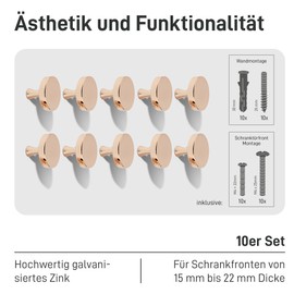 Natural Goods Berlin Round Circle Furniture Handles, Pack of 10, Shiny Rose Gold, Furniture Knobs with Diameter 31 mm, Cupboard Knobs, Suitable for 15-22 mm Door Thickness/Handles for Kitchen