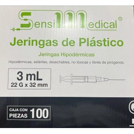 Sensi Medical Jeringas De Plástico 3ml C/ 100 Pzs  Sensimedical 22g X 32mm