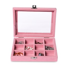 Frebeauty Jewelry Organizer Tray with Clear Lid,12 Grid Velvet Drawer Insert Jewelry Storage Box with Transparent lid Jewelry Display Case Store Showcase Jewelry Box Gift for Women(Pink,12 Grid)