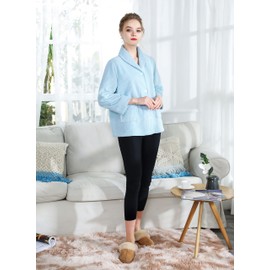 Loungees Women's Blue Drop Needle Coral Fleece Shawl Collar Button Front Bed Jacket - LG