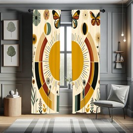 Ambesonne Mid Century Modern Window Curtains, Bohemian Details of Geometric Sun Butterfly and Leafy Floral, Lightweight Decorative 2-Panel Set & Rod Pocket, Pair of - 28" x 95", Pale Coffee Eggshell