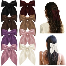 Officentra 8PCS Satin Hair Bows for Women, Cute Ribbon Bow Hair Clips for Girls Silky Bows for Hair, Neutral Colors Hair Accessories Gifts