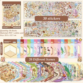 20 Sets DIY 3D House Sticker Scene Kit Cute Cartoon Scenery Stickers with 30 PET Stickers 20 Miniature Cabins and 2 Tweezers for Stress Relief and Passing The Time