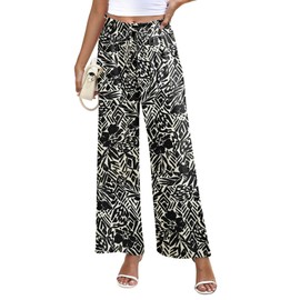 NILOUFO Women's High Waist Wide Leg Pants Elastic Drawstring Casual Loose Flowy Trousers with Pockets (Printed Black White, Large)