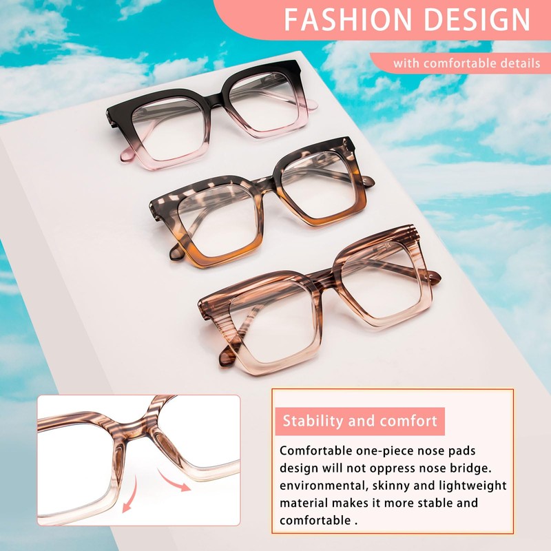 KoKoBin 3 Pack Square Frame Oprah Style Reading Glasses for