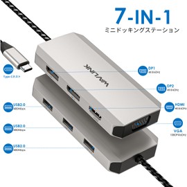 WAVLINK USB C Dock 4k Display, 7 in 1 Laptop Dock, Multiport Adapter, Dual 4K DP, 4K HDMI, 1080P VGA, 480Mbps USB2.0-A MacBook