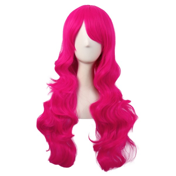 MapofBeauty 28 Inches / 70 cm Side Parting Bangs Charming Women Long Curly Full Hair Wavy Wig (Hot Pink)