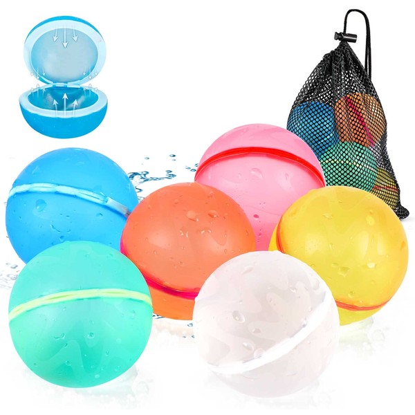 SOPPYCID Reusable Magnetic Water Balloons, 6 Pack Refillable Water Bomb Splash Balls Self Sealing Quick Fill, Latex-Free Silicone Water Toys for Kids Adults Water Games Outside Summer Fun Party