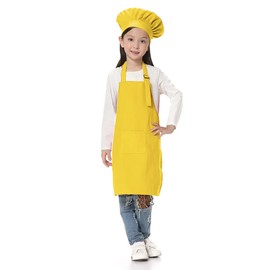 TopTie Kids Apron and Chef Hat Set, Adjustable Cotton Child Cooking Kitchen Apron, S-XXL-Yellow-XL