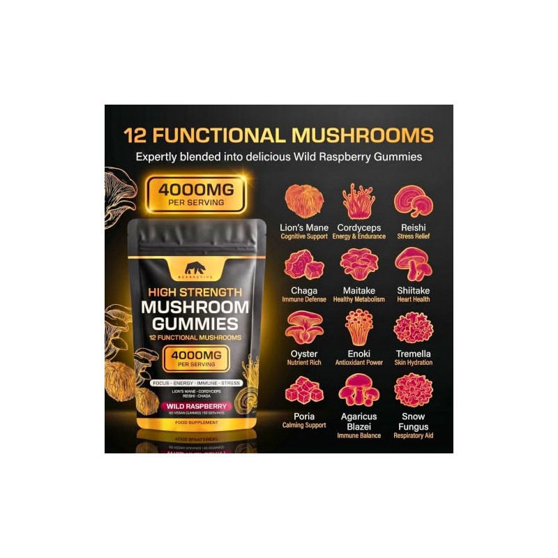 Mushroom Gummies 4000mg – 12 Functional Mushroom Complex with Lions