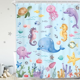 Homewelle Kids Ocean Fish Shower Curtain Undersea Underwater Cartoon Whale Dolphin Seahorse Animals Sealife Cute Coral Plant 60Wx72H Inch Nursery Children Waterproof Polyester Fabric Bathroom Bathtub