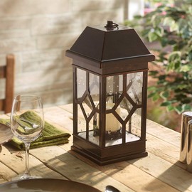 Smart Solar San Felipe II Outdoor LED Solar Lantern with Hanging Loop and Real Seeded Glass Shade, Solar-Powered Hanging Lantern for Gardens and Patios, Bronze