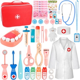 Doctor Toy Set for Children, Toy Doctor's Tool, Wooden Doctor's Toy for Children with Accessories such as Stethoscope, Syringe, Doctor's Coat, Gift for 3 4 5 6 7 8 Years Old Boys and Girls Cosplay