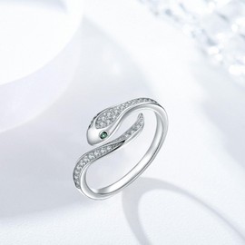 Snake Ring 925 Sterling Silver Adjustable Animal Snake Open Ring with Zircon for Women Girls 7#, Sterling Silver, Cubic Zirconia