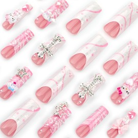 French Press On Nails - Pink Long Coffin False Nails - Cute Kawaii 3D Fake Nails Designs With Cross Kitty Puppy Bow - Acrylic Full Cover Stick On Nails For Women Girls Nail Art Daily Wear Accessories